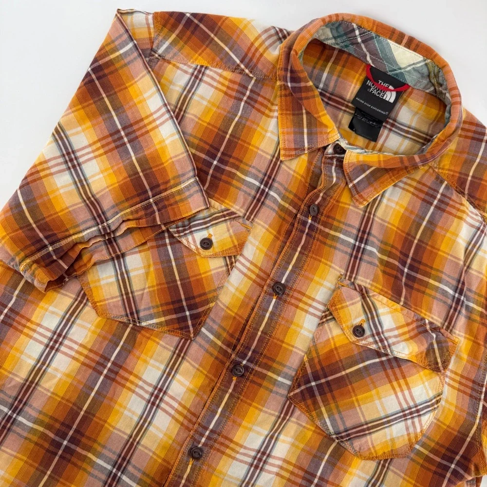 The‎ North Face Plaid Shirt Mens M Orange Yellow Short Sleeve Button Up Pocket